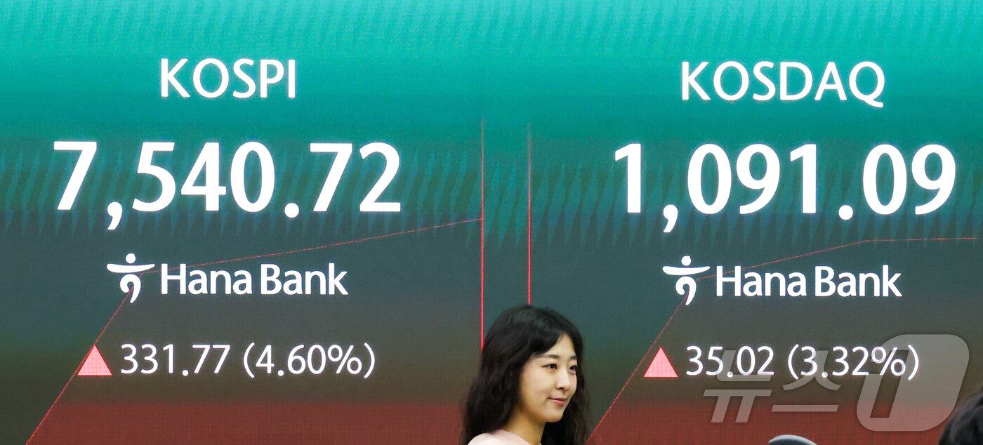 본문 이미지 - 코스피가 7500선을 회복하며 급등한 21일 서울 중구 하나은행 딜링룸 전광판에 코스피, 코스닥 지수가 표시돼 있다. 2026.5.21 ⓒ 뉴스1 이종수 인턴기자