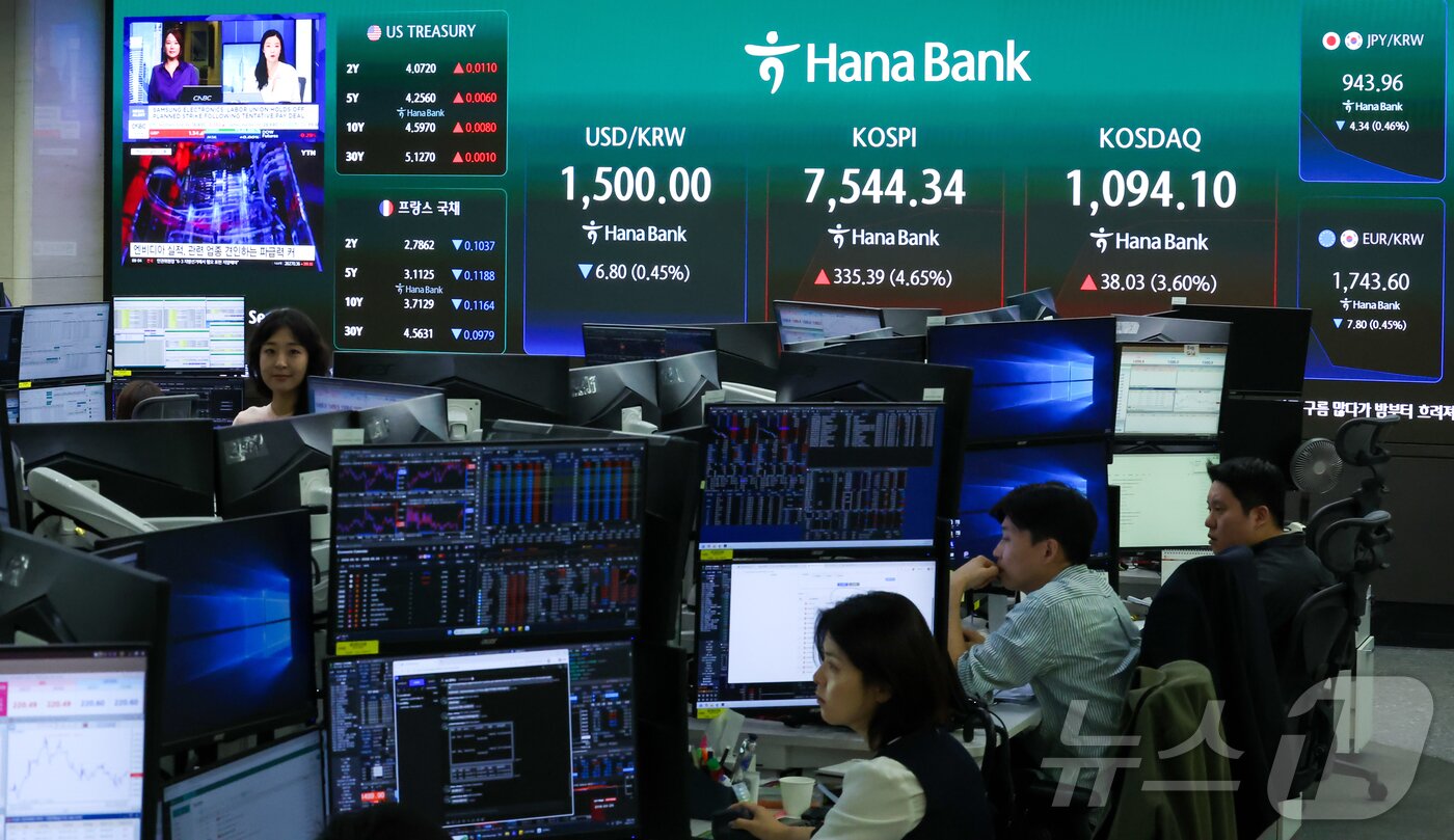 본문 이미지 - 코스피가 7500선을 회복하며 급등한 21일 서울 중구 하나은행 딜링룸 전광판에 지수와 환율이 표시돼 있다. 2026.5.21 ⓒ 뉴스1 이종수 인턴기자