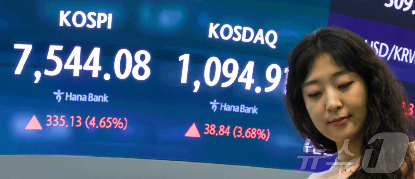 본문 이미지 - 코스피가 7500선을 회복하며 급등한 21일 서울 중구 하나은행 딜링룸 전광판에 코스피, 코스닥 지수가 표시돼 있다. 2026.5.21 ⓒ 뉴스1 이종수 인턴기자