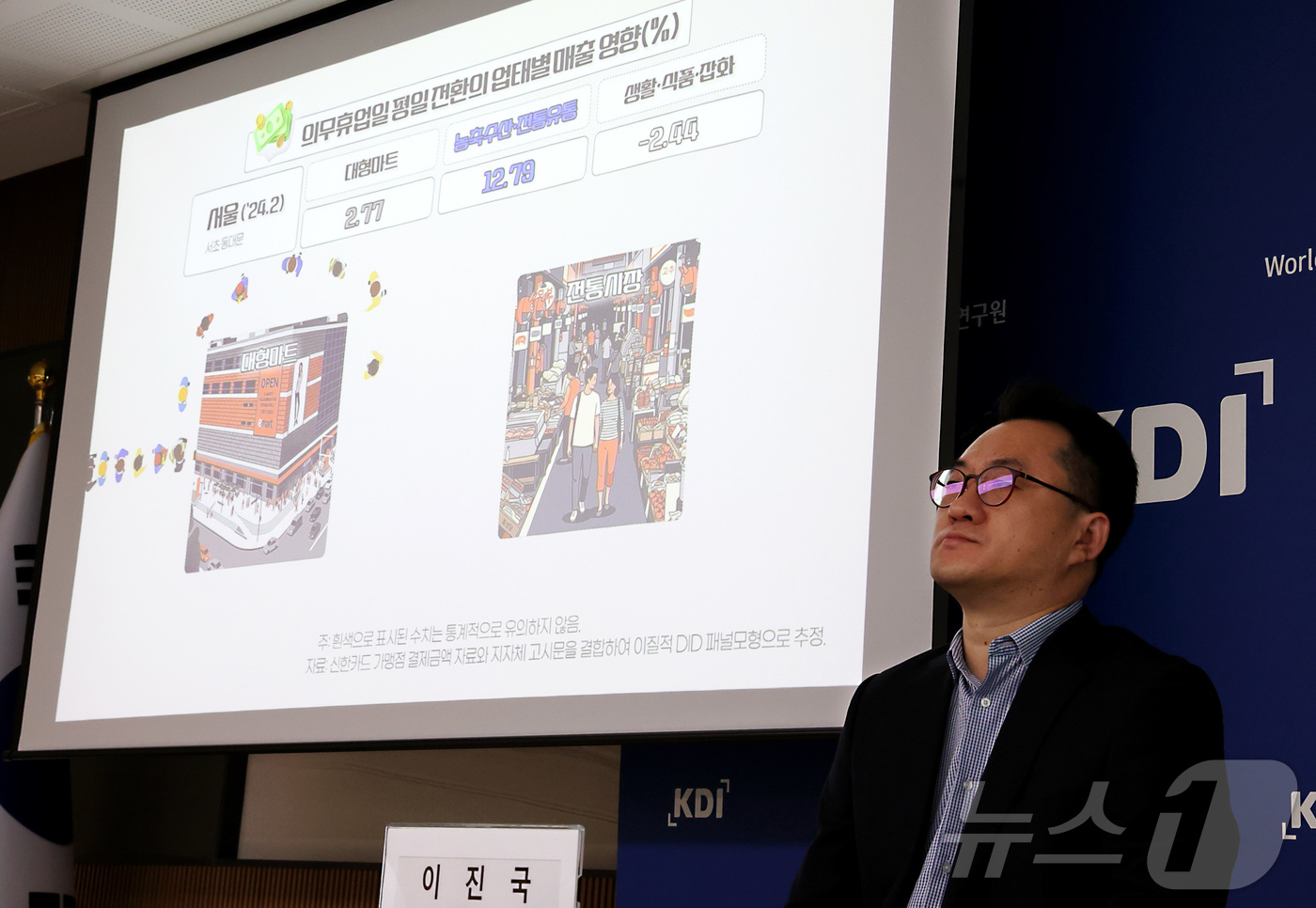 (세종=뉴스1) 김기남 기자 = 이진국 KDI 선임연구위원이 21일 세종시 정부세종청사에서 대형마트와 준대규모점포에 대해 월 2회 실시하는 의무휴업일 제도와 관련한 '의무휴업일 평 …