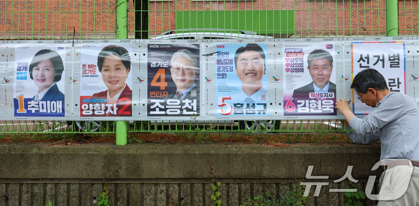 (수원=뉴스1) 안은나 기자 = 경기도선거관리위원회 관계자들이 제9회 전국동시지방선거 공식 선거운동이 시작된 21일 경기 수원시 팔달구 율현중학교 펜스에 경기도지사, 수원시장, 도 …