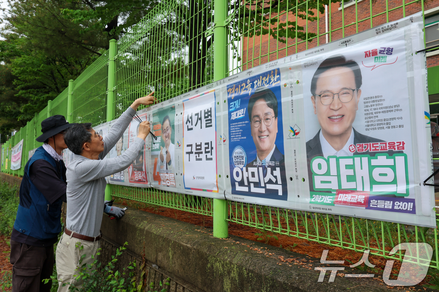 (수원=뉴스1) 안은나 기자 = 경기도선거관리위원회 직원들이 제9회 전국동시지방선거 공식 선거운동이 시작된 21일 경기 수원시 팔달구 율현중학교 펜스에 경기도지사, 수원시장, 도의 …