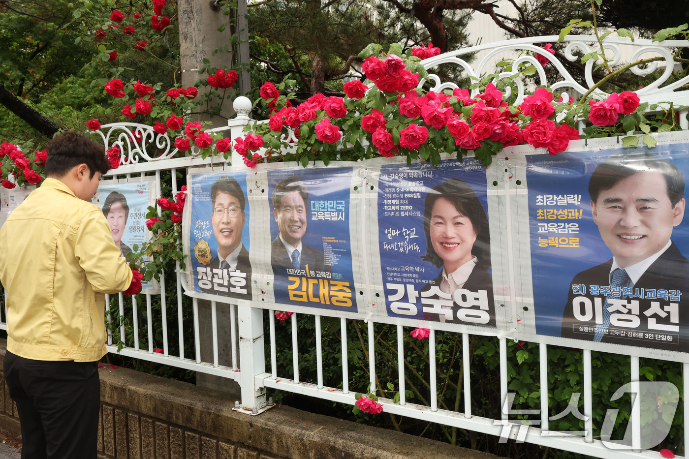 (광주=뉴스1) 박지현 기자 = 제9회 전국동시지방선거 공식 선거 운동 첫날인 21일 광주 북구 매곡동의 한 아파트에 광주 북구 관계자들이 선거벽보를 부착하고 있다. 2026.5. …