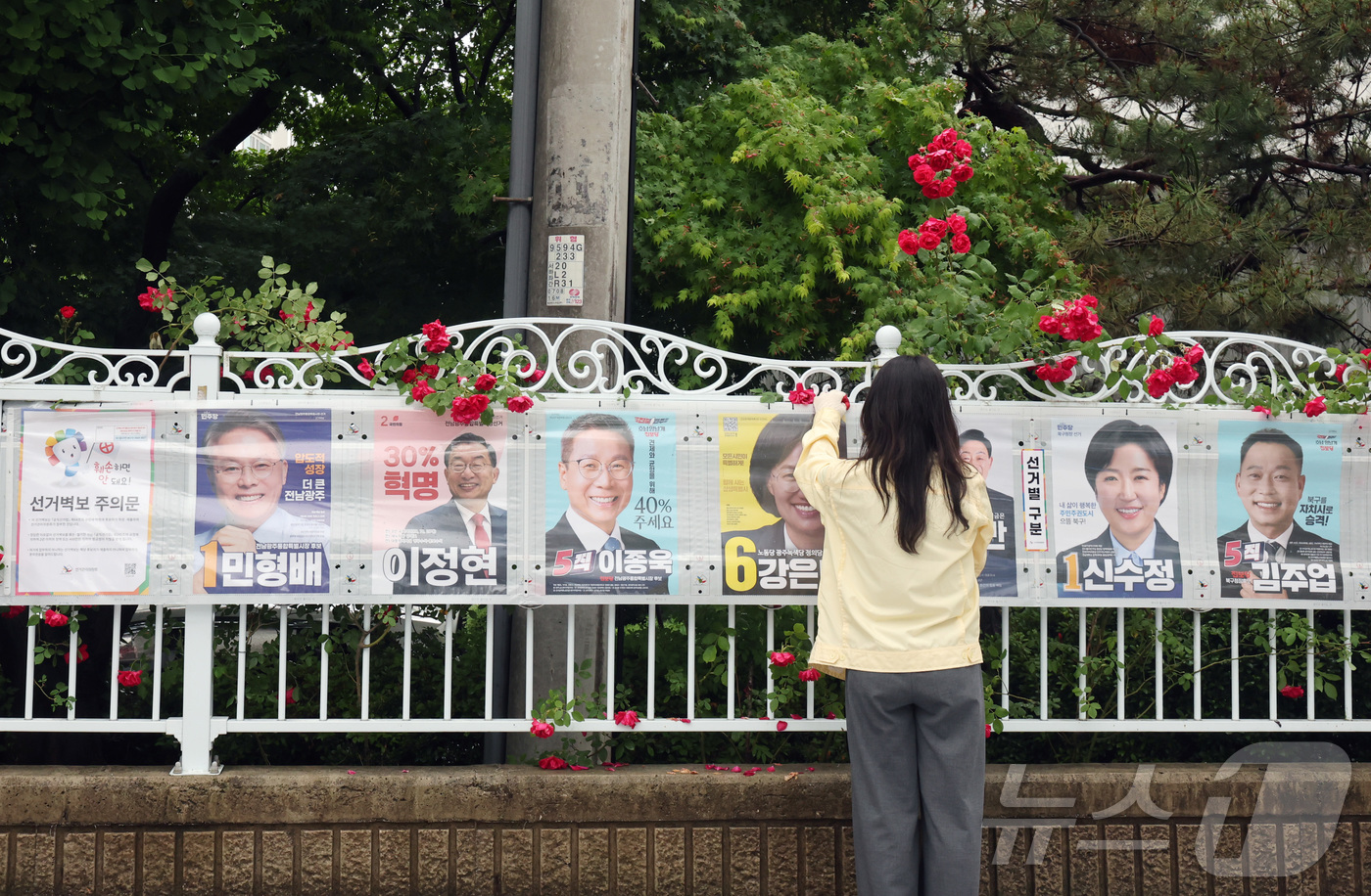 (광주=뉴스1) 박지현 기자 = 제9회 전국동시지방선거 공식 선거 운동 첫날인 21일 광주 북구 매곡동의 한 아파트에 광주 북구 관계자들이 선거벽보를 부착하고 있다. 2026.5. …