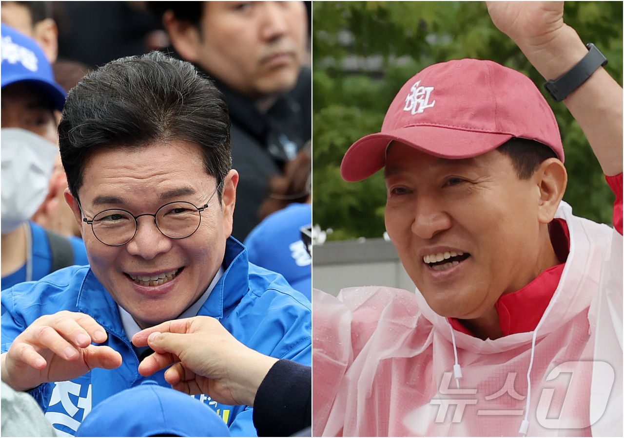 (서울=뉴스1) 김진환 기자 = 정원오 더불어민주당 서울시장 후보(왼쪽)와 오세훈 국민의힘 서울시장 후보가 제9회 전국동시지방선거 공식 선거운동이 시작된 21일 서울 성동구 왕십리 …