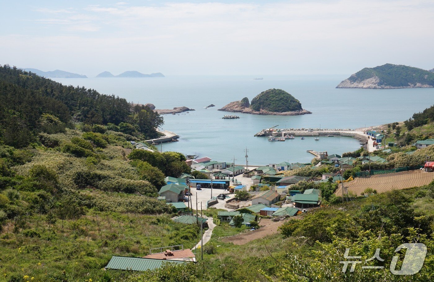 본문 이미지 - '막금잔등'에서 내려다보이는 동막리 풍경.마을 앞 솔섬 왼쪽 멀리 병풍도가 보이고, 오른쪽 바다 건너편으로 서거차도가 얼굴을 내민다. 2026.5.22. 뉴스1 ⓒ News1 조영석 기자