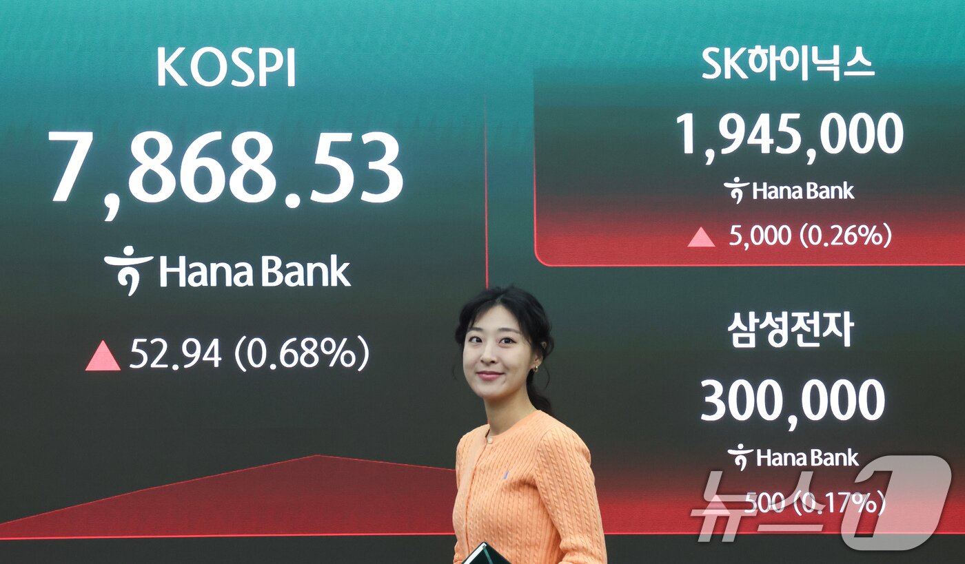 본문 이미지 - 삼성전자 주가가 30만원을 돌파한 22일 오전 서울 중구 하나은행 본점 딜링룸 전광판에 코스피 지수와 SK하이닉스, 삼성전자 주가가 표시되고 있다.  2026.5.22 ⓒ 뉴스1 임지훈 인턴기자