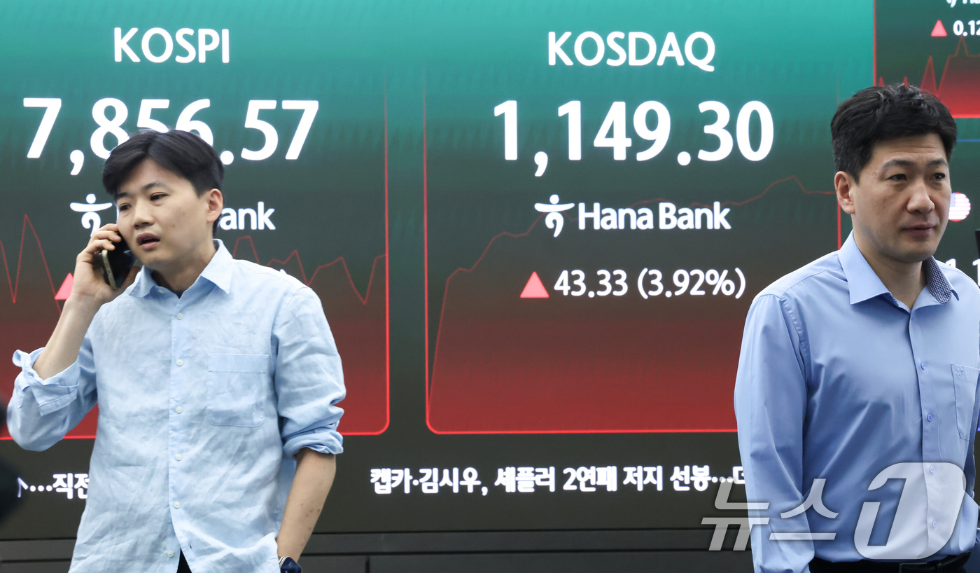 (서울=뉴스1) 임지훈 인턴기자 = 코스닥이 급등하며 이틀 연속 매수 사이드카가 발동한 22일 오전 서울 중구 하나은행 본점 딜링룸 전광판에 코스피, 코스닥 지수가 표시되고 있다. …