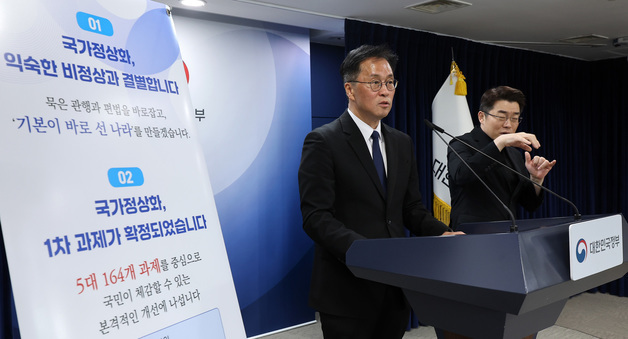 국가정상화 프로젝트 1차 과제 브리핑하는 심종섭 국정운영실장
