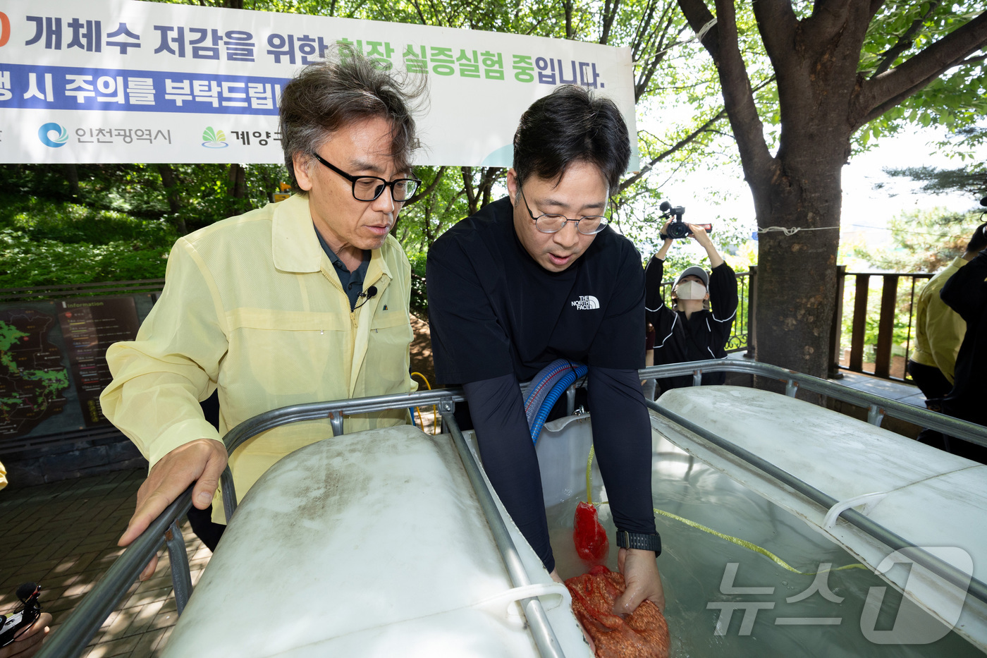 (서울=뉴스1) = 금한승 기후에너지환경부 제1차관이 22일 오전 인천 계양구 계양산 일대 붉은등우단털파리(러브버그) 개체수 저감을 위한 방제 작업 현장을 방문해 관계자의 설명을 …