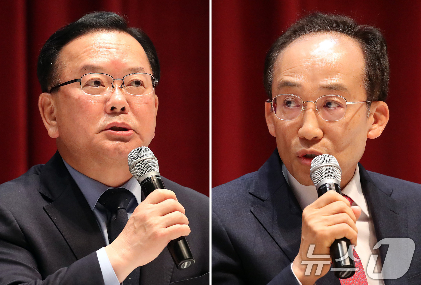 (대구=뉴스1) 공정식 기자 = 김부겸 더불어민주당 대구시장 후보(왼쪽)와 추경호 국민의힘 대구시장 후보가 22일 오후 대구 동구 봉무동 대구텍스타일 콤플렉스에서 열린 대구 사회복 …
