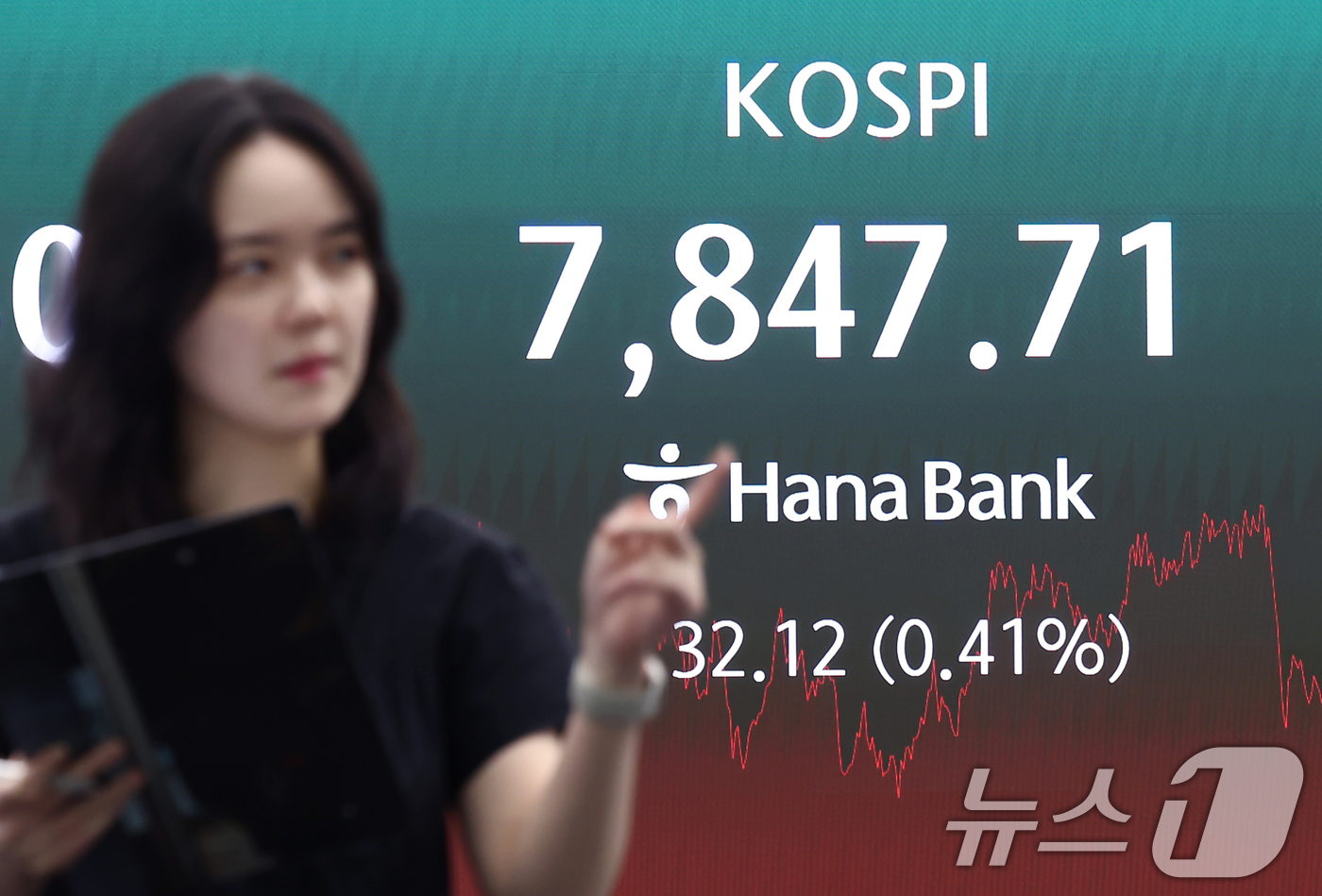 (서울=뉴스1) 김민지 기자 = 22일 오후 서울 중구 하나은행 본점 딜링룸 전광판에 코스피 종가가 나오고 있다.이날 코스피는 전 거래일(7815.59)보다 32.12포인트(0.4 …
