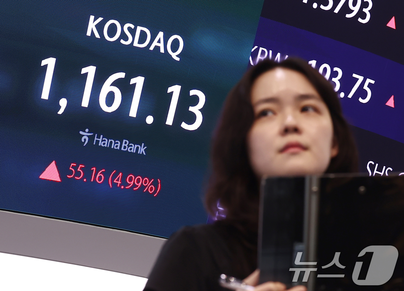 (서울=뉴스1) 김민지 기자 = 22일 오후 서울 중구 하나은행 본점 딜링룸 전광판에 코스닥 종가가 나오고 있다.이날 코스피는 전 거래일(7815.59)보다 32.12포인트(0.4 …