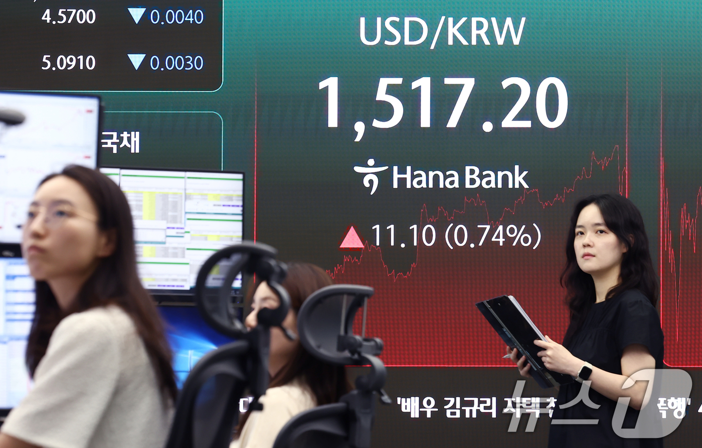 (서울=뉴스1) 김민지 기자 = 코스피가 전 거래일(7815.59)보다 32.12포인트(0.41%) 오른 7847.71에 장을 마감한 22일 오후 서울 중구 하나은행 본점 딜링룸 …