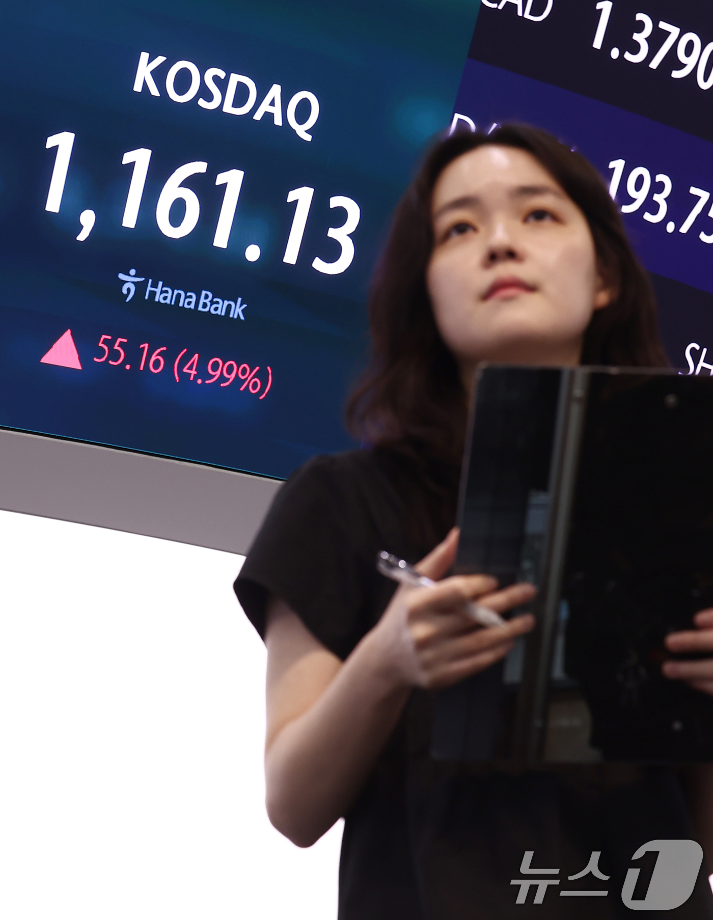 (서울=뉴스1) 김민지 기자 = 22일 오후 서울 중구 하나은행 본점 딜링룸 전광판에 코스닥 종가가 나오고 있다.이날 코스피는 전 거래일(7815.59)보다 32.12포인트(0.4 …