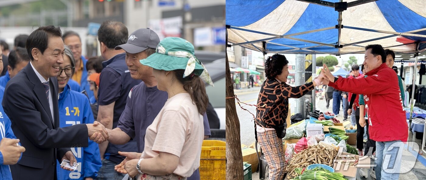 본문 이미지 - 6·3 지방선거 공식선거운동 첫 주말인 23일 삼척을 찾은 우상호 더불어민주당 강원도지사 후보(사진 왼쪽)와 동해 북평 오일장에 시민과 만나는 김진태 국민의힘 후보.(각 후보 캠프 제공, 재판매 및 DB 금지) 2026.5.23/뉴스1