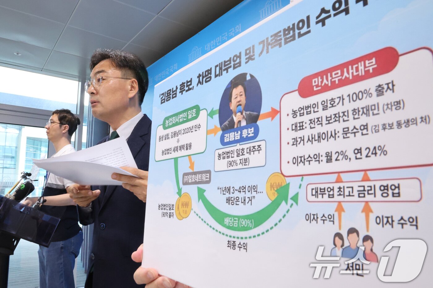 본문 이미지 - 조국혁신당 선임선대위원장인 신장식 의원이 24일 서울 여의도 국회 소통관에서 김용남 더불어민주당 경기 평택을 국회의원 재선거 후보의 차명 대부업 관련 기자회견을 하고 있다. 2026.5.24 ⓒ 뉴스1 신웅수 기자