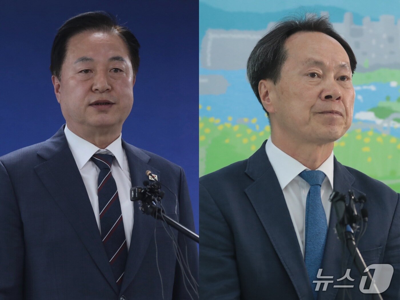본문 이미지 - 왼쪽부터 김두관 민주당 총괄선대본부장과 방석수 진보당 선대본부장이 24일 각 후보 캠프에서 단일화 여론조사와 관련한 브리핑을 열고 있다.2026.05.24.ⓒ 뉴스1 김세은 기자