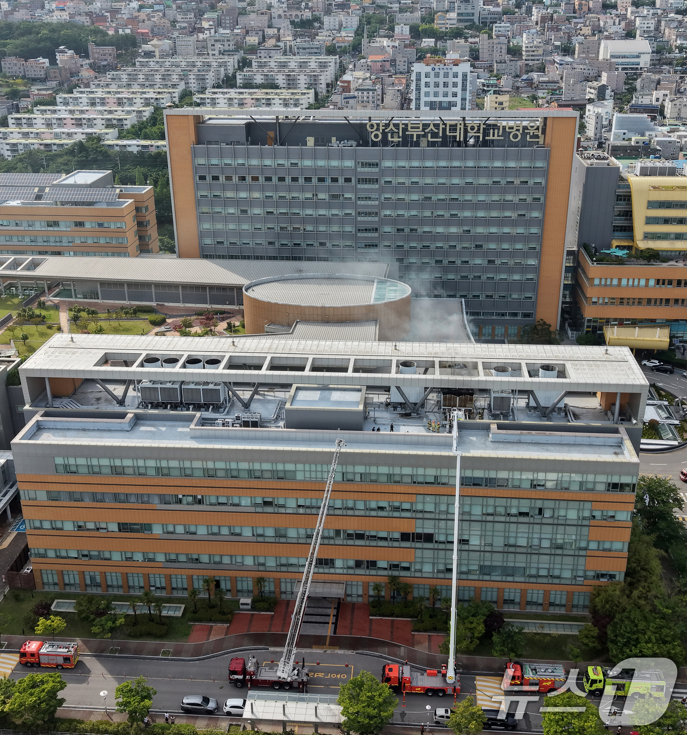 (양산=뉴스1) 윤일지 기자 = 24일 오후 경남 양산 물금읍 양산부산대학교병원 외래진료동 옥상에서 화재가 발생해 소방당국이 진화작업을 벌이고 있다. 2026.5.24/뉴스1