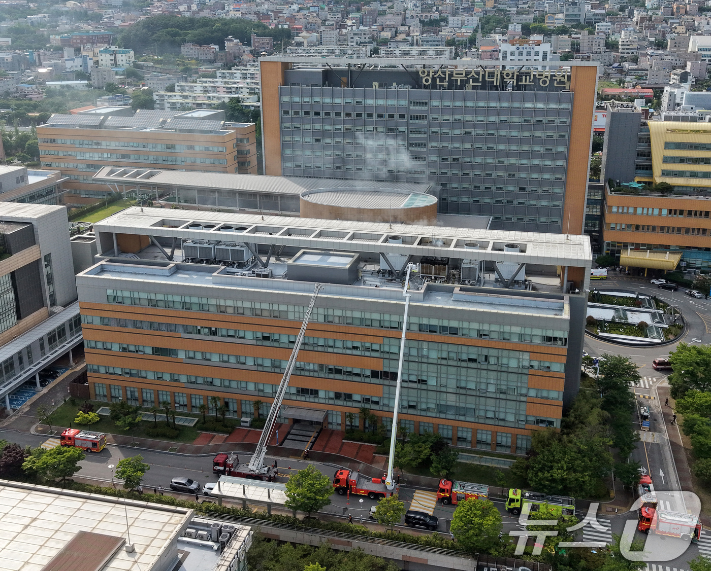 (양산=뉴스1) 윤일지 기자 = 24일 오후 경남 양산 물금읍 양산부산대학교병원 외래진료동 옥상에서 화재가 발생해 소방당국이 진화작업을 벌이고 있다. 2026.5.24/뉴스1