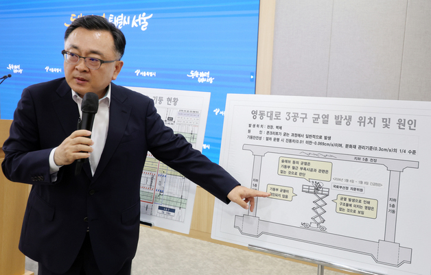 영동대로 3공구 균열 발생 위치 및 원인 설명하는 김성보 직무대행