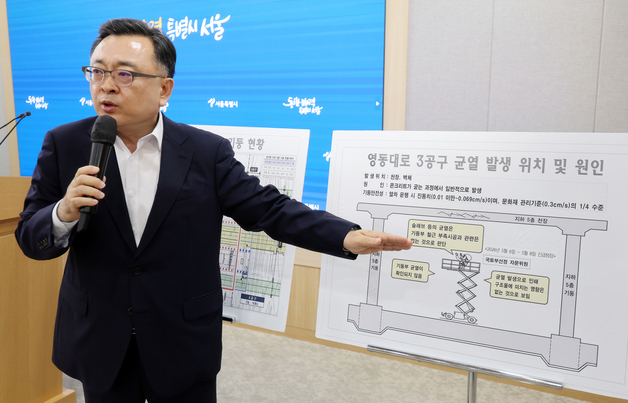 영동대로 3공구 균열 발생 위치 및 원인 설명하는 김성보 직무대행