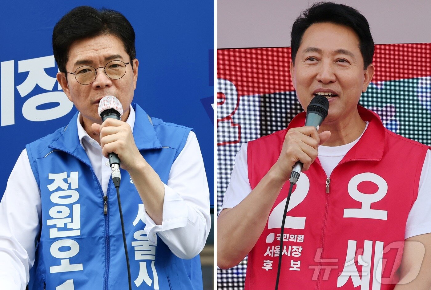 본문 이미지 - 정원오(왼쪽) 더불어민주당, 오세훈 국민의힘 서울시장 후보가 25일 각각 서울 양천구 현대백화점 목동점 앞, 도봉구 홈플러스 방학점 앞에서 지지를 호소하고 있다. 2026.5.25 ⓒ 뉴스1 최지환 기자,김진환 기자