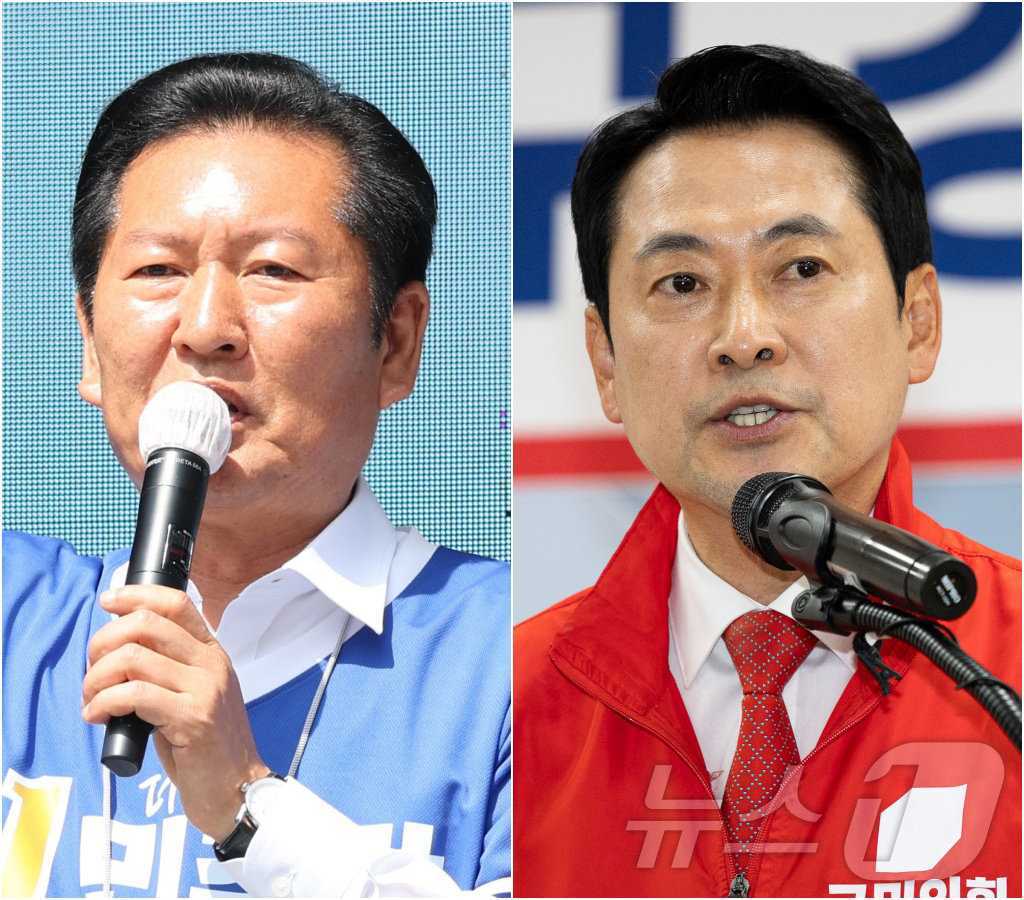 (전주·대구=뉴스1) 유경석 유승관 기자 = 정청래 더불어민주당 대표(왼쪽)와 장동혁 국민의힘 대표가 25일 각각 전북 전주시 전북대학교 구정문 앞과 대구 수성구 국민의힘 대구시당 …