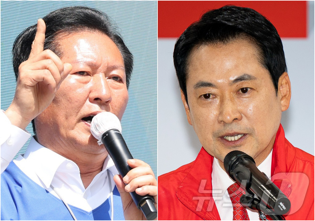 (전주·대구=뉴스1) 유경석 유승관 기자 = 정청래 더불어민주당 대표(왼쪽)와 장동혁 국민의힘 대표가 25일 각각 전북 전주시 전북대학교 구정문 앞과 대구 수성구 국민의힘 대구시당 …