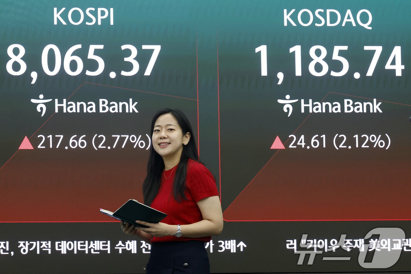 본문 이미지 - 26일 서울 중구 하나은행 본점 딜링룸 전광판에 코스피 등 시황이 표시되고 있다. 2026.5.26 ⓒ 뉴스1 박정호 기자
