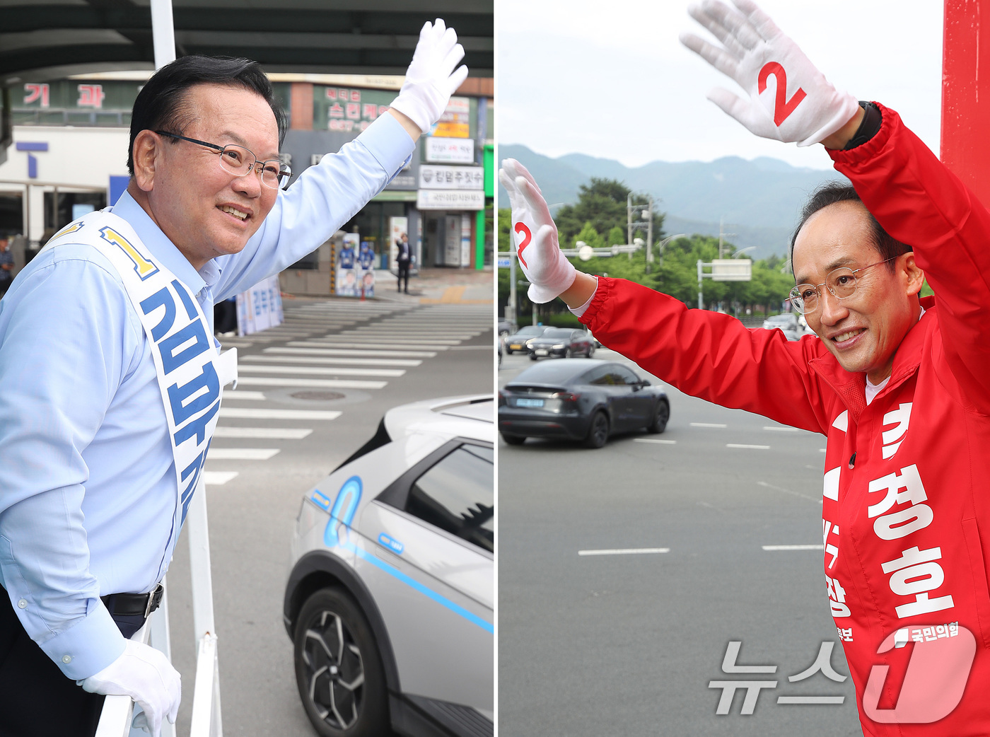 (대구=뉴스1) 공정식 기자 = 김부겸 더불어민주당 대구시장 후보(왼쪽)가 26일 오전 대구 달서구 상인네거리에서 출근길 시민들을 향해 인사하고 있다. 추경호 국민의힘 대구시장 후 …