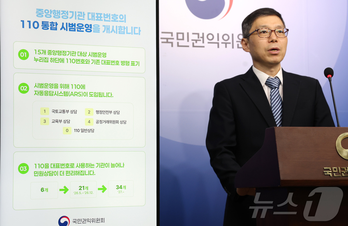 (세종=뉴스1) 김기남 기자 = 김남두 국민권익위원회 정부합동민원센터장이 26일 세종시 정부세종청사에서 15개 중앙행정기관의 대표번호를 정부민원안내 콜센터 번호인 110으로 통합 …