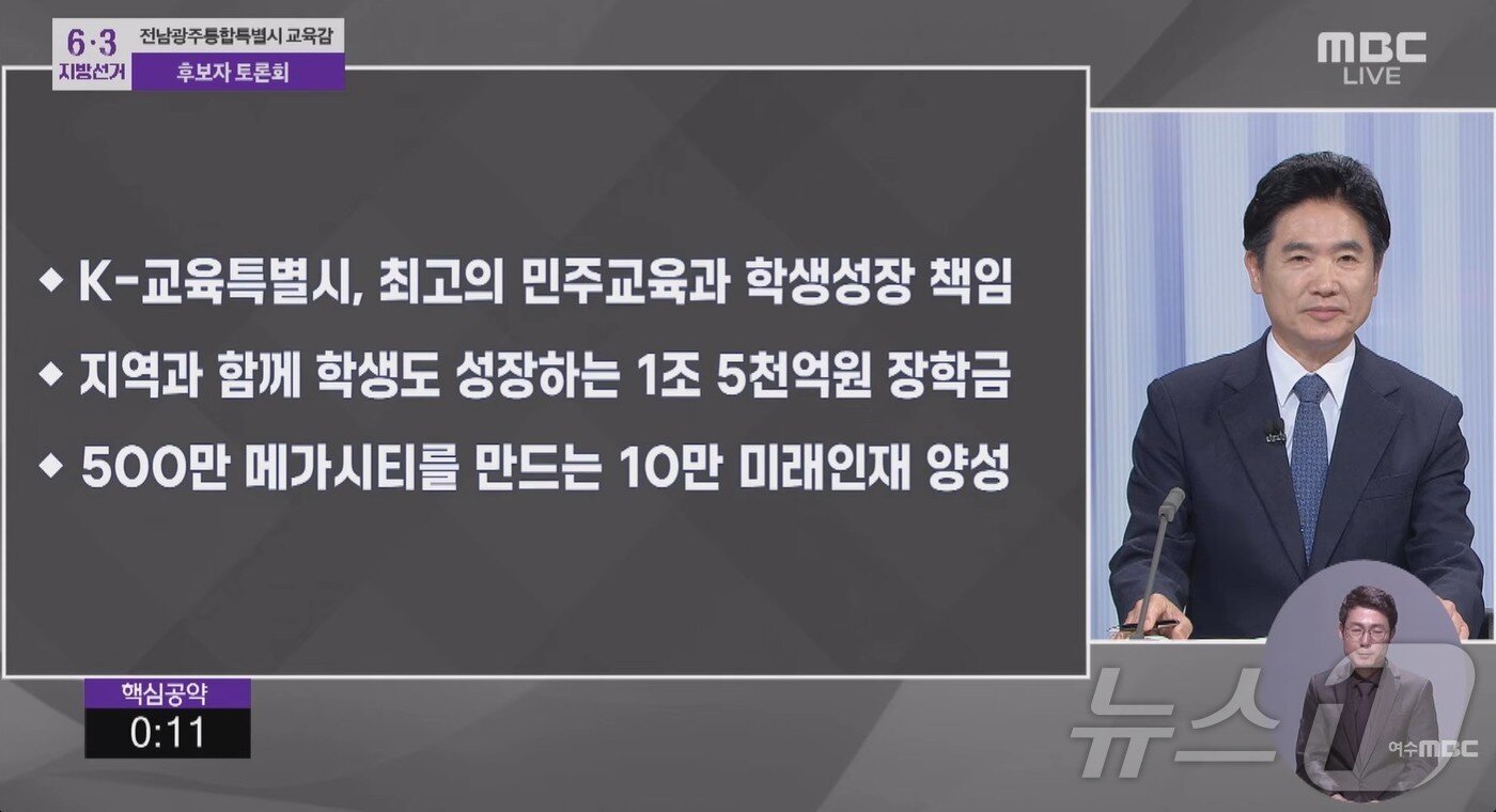 본문 이미지 - 김대중 전남광주특별시교육감 후보가 26일 광주MBC에서 열린 광주시선거방송토론위원회 주관 후보자토론회에서 공약을 설명하고 있다.(MBC 유튜브 캡쳐. 재배포 및 DB 금지) 2026.5.26 ⓒ 뉴스1