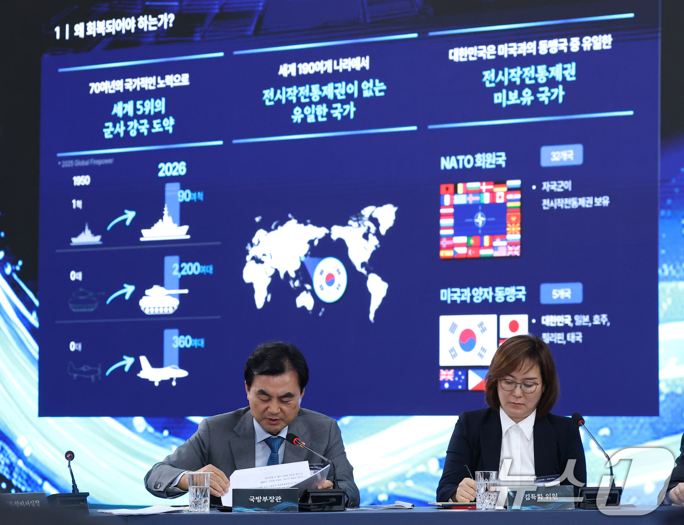 (창원=뉴스1) 허경 기자 = 안규백 국방부 장관이 26일 경남 창원시 진해구에서 열린 제1회 미래국방전략위원회에서 전작권 조기 회복과 AI무인전투체계 군대로의 전환을 주제로 보고 …