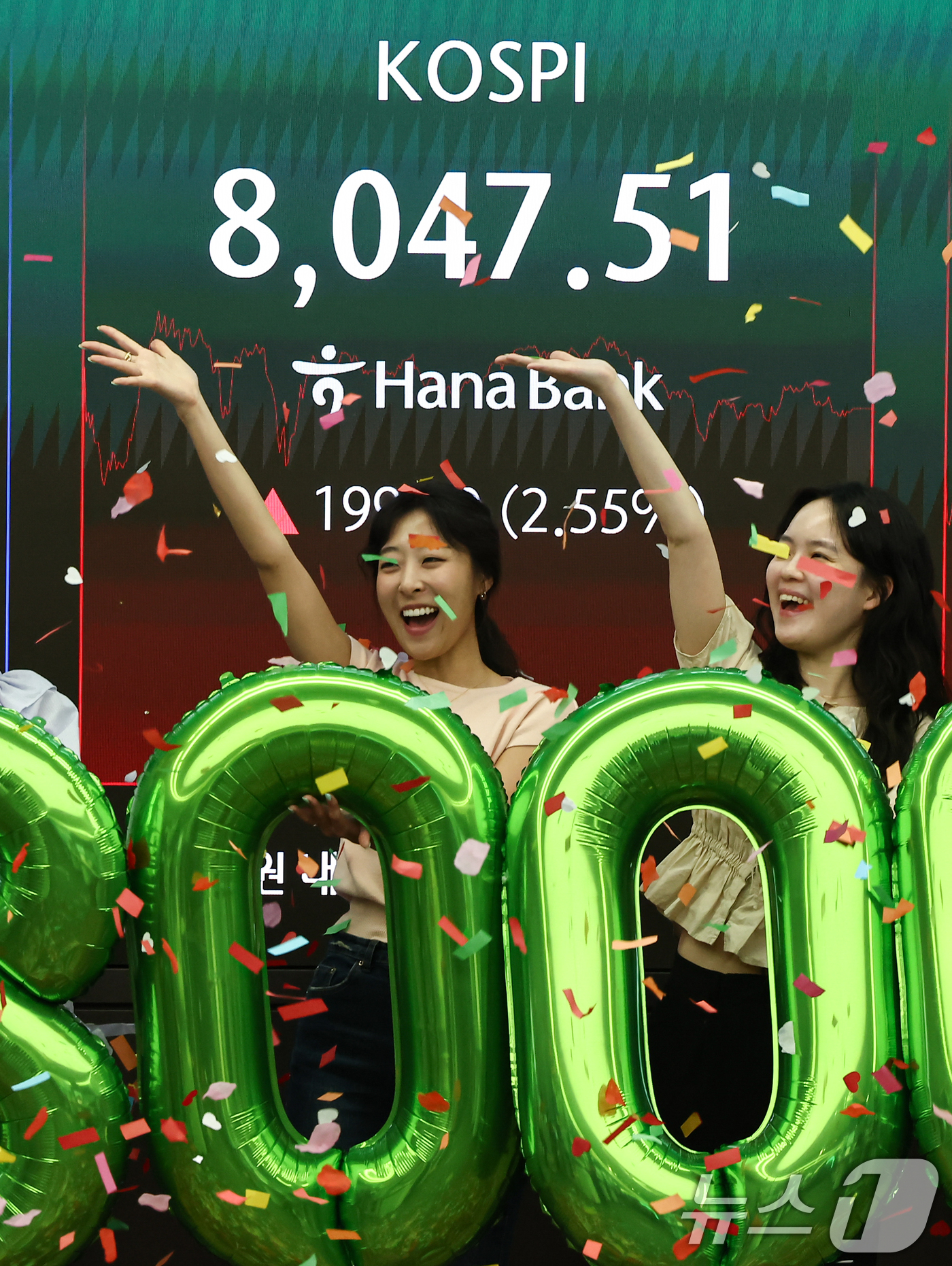 (서울=뉴스1) 김도우 기자 = 코스피 지수가 종가 기준 최초로 8,000대를 기록한 26일 오후 서울 중구 하나은행 본점 딜링룸에서 직원들이 축하 세레머니를 하고 있다.이날 코스 …