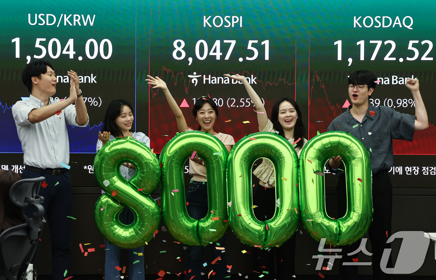 (서울=뉴스1) 김도우 기자 = 코스피 지수가 종가 기준 최초로 8,000대를 기록한 26일 오후 서울 중구 하나은행 본점 딜링룸에서 직원들이 축하 세레머니를 하고 있다.이날 코스 …