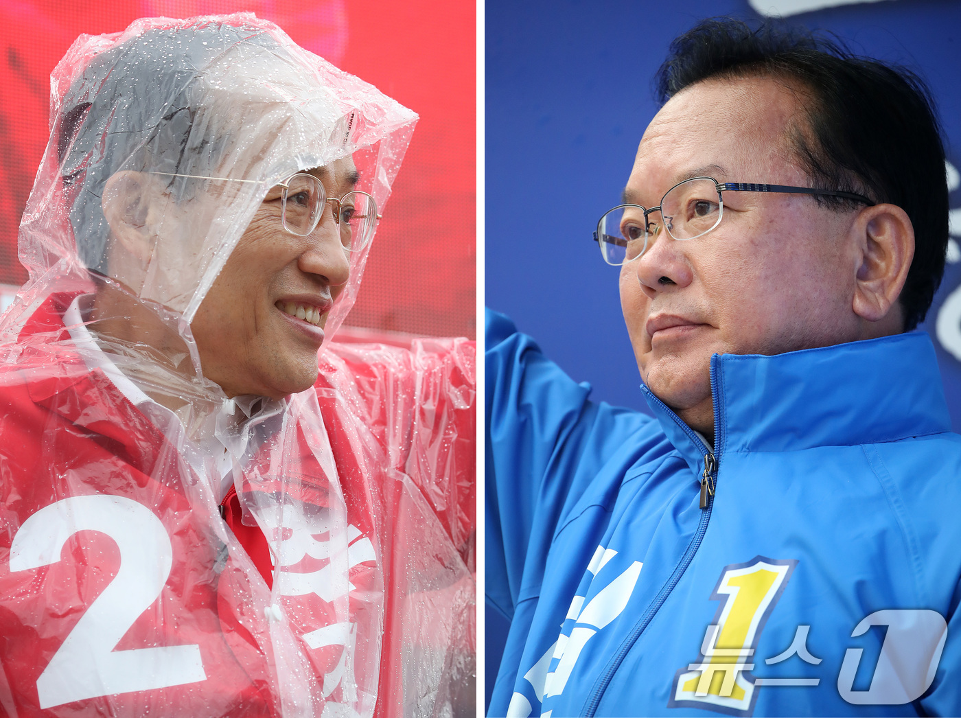 (대구=뉴스1) 공정식 기자 = 추경호 국민의힘 대구시장 후보(왼쪽)가 27일 오전 대구 북구 팔달교 앞에서 출근길 시민들을 향해 인사하고 있다. 같은 날 오전 김부겸 더불어민주당 …