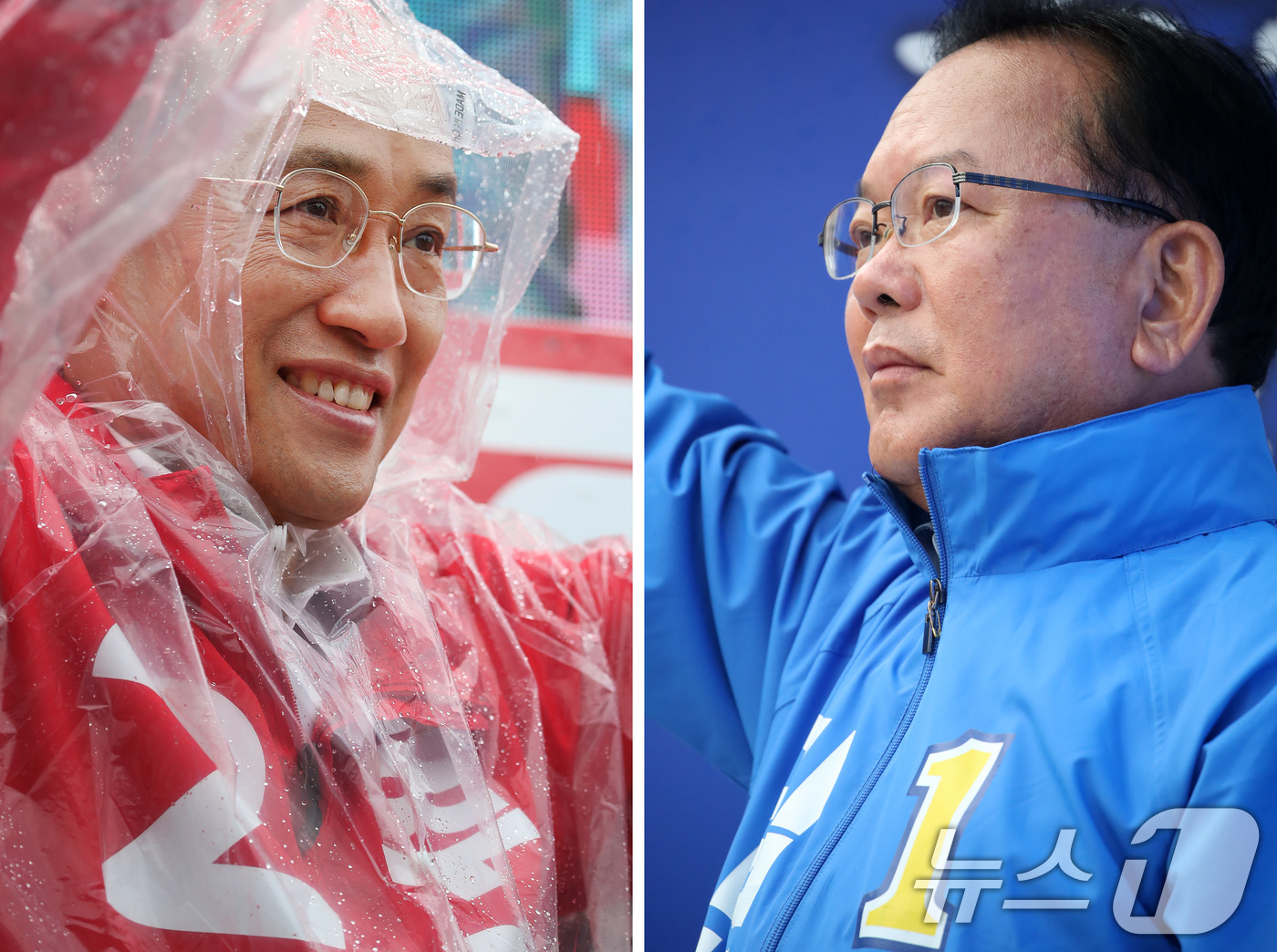 (대구=뉴스1) 공정식 기자 = 추경호 국민의힘 대구시장 후보(왼쪽)가 27일 오전 대구 북구 팔달교 앞에서 출근길 시민들을 향해 인사하고 있다. 같은 날 오전 김부겸 더불어민주당 …
