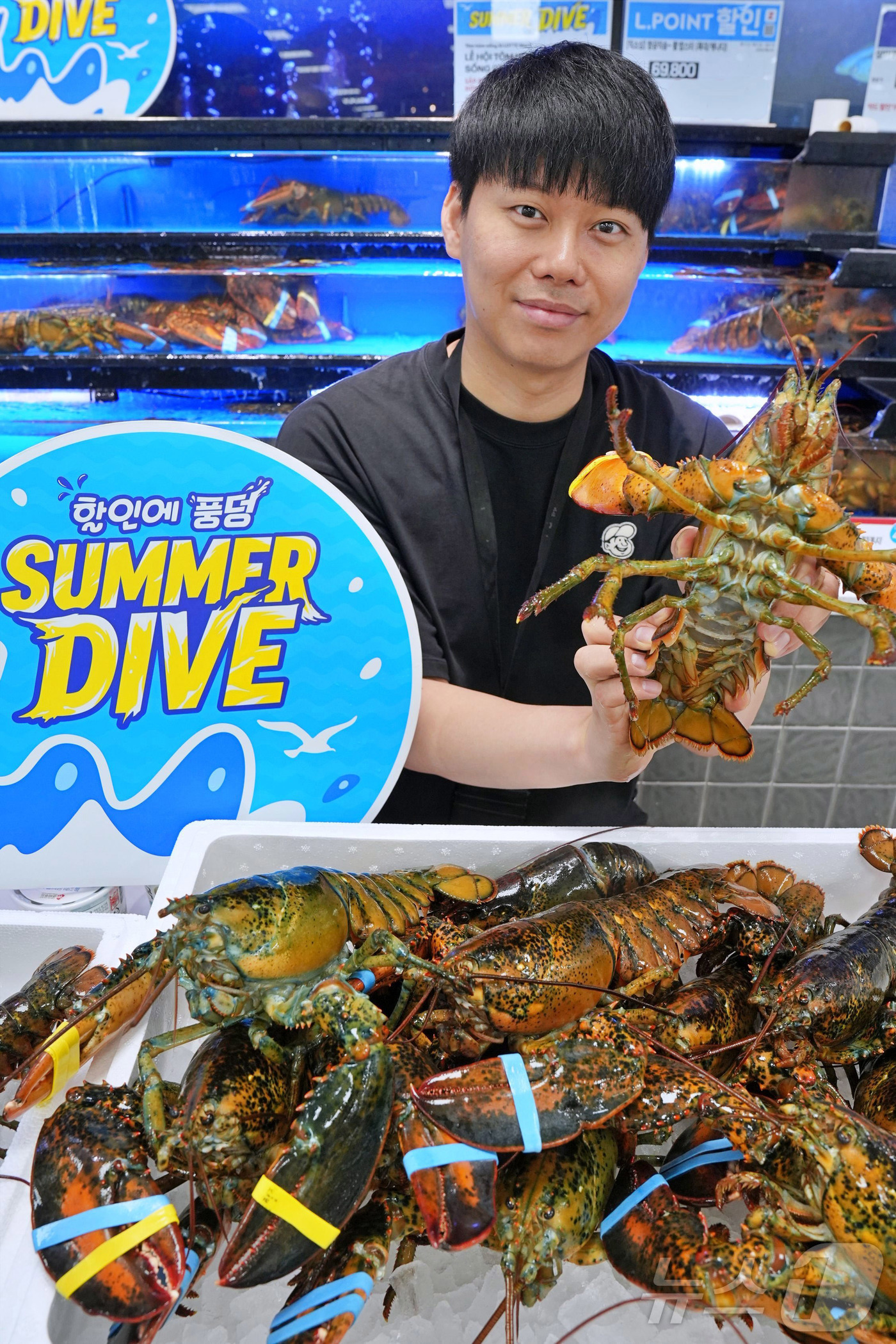 (서울=뉴스1) = 롯데마트는 오는 28일까지 '캐나다산 활랍스터'를 최대 50% 할인 판매한다고 27일 밝혔다. 사진은 모델이 롯데마트 제타플렉스 잠실점 수산 코너에서 '캐나다산 …