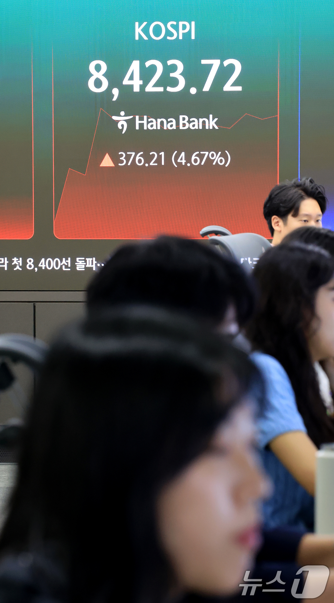 (서울=뉴스1) 이호윤 기자 = 코스피가 장중 최초로 8400을 돌파한 27일 서울 중구 하나은행 딜링룸 현황판에 코스피가 표시되고 있다. 이날 코스피는 전날보다 194.61포인트 …