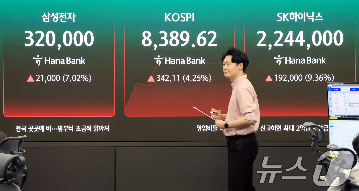 (서울=뉴스1) 이호윤 기자 = 삼성전자와 SK하이닉스가 레버리지 상장지수펀드(ETF)에 출시된 27일 서울 중구 하나은행 딜링룸 현황판에 증시가 표시되고 있다. 2026.5.27 …