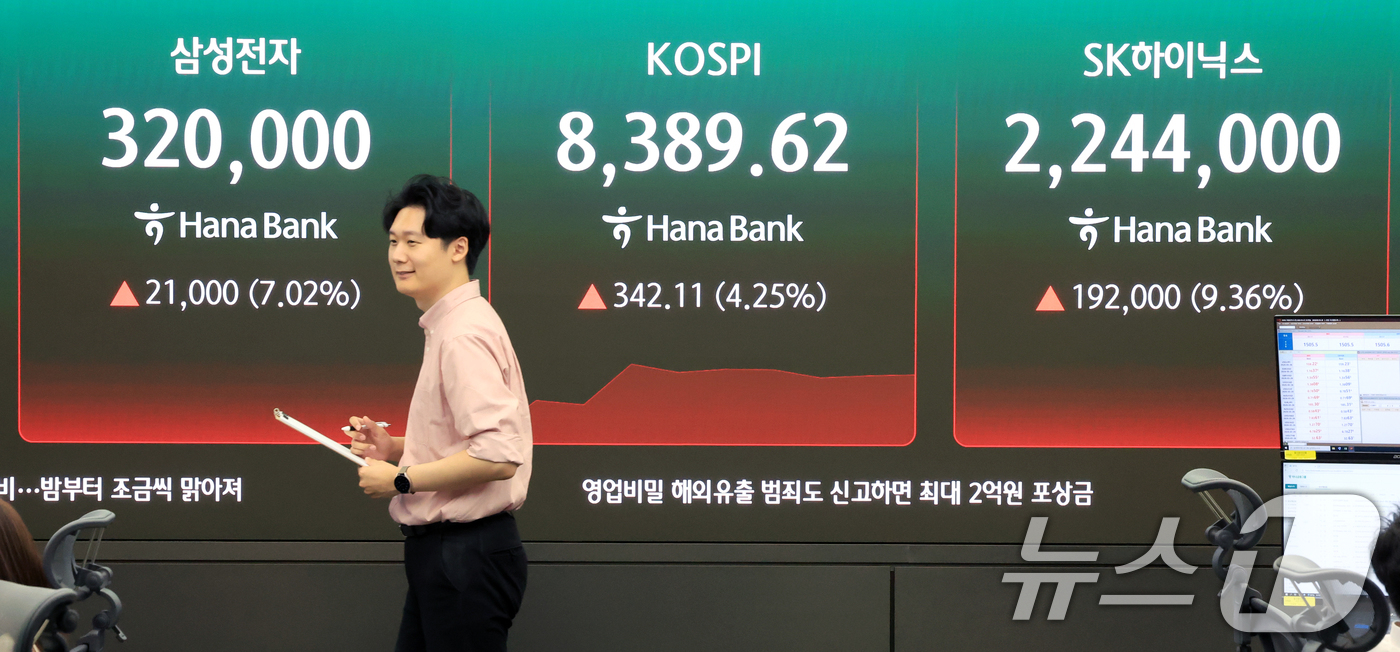 (서울=뉴스1) 이호윤 기자 = 삼성전자와 SK하이닉스가 레버리지 상장지수펀드(ETF)에 출시된 27일 서울 중구 하나은행 딜링룸 현황판에 증시가 표시되고 있다. 2026.5.27 …