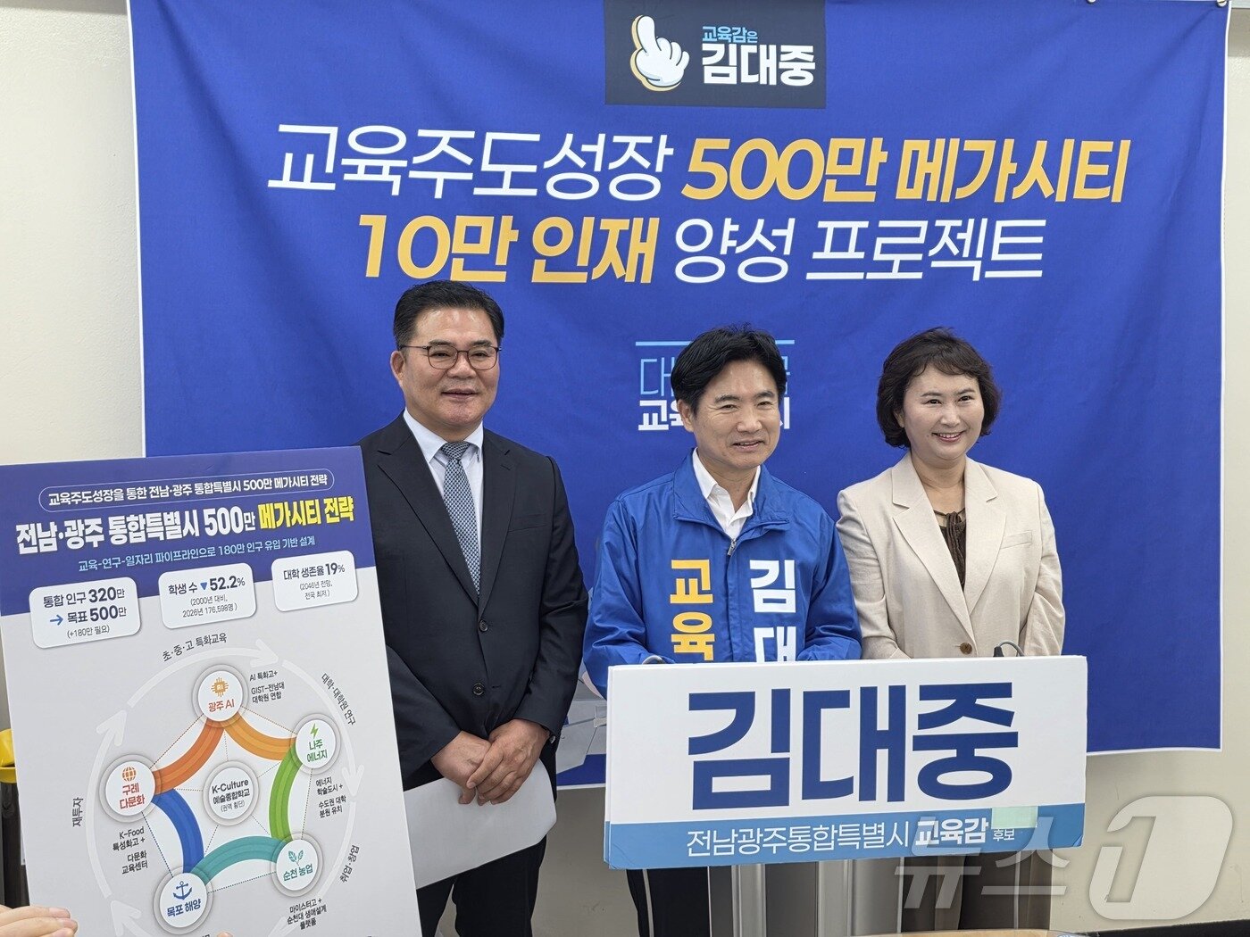본문 이미지 - 김대중 전남광주특별시교육감 후보가 27일 광주시교육청에서 오경미 전 광주교육청 교육국장과 문승태 전 순천대 부총장과 기자회견을 앞두고 기념사진을 찍고 있다. ⓒ 뉴스1 서충섭 기자