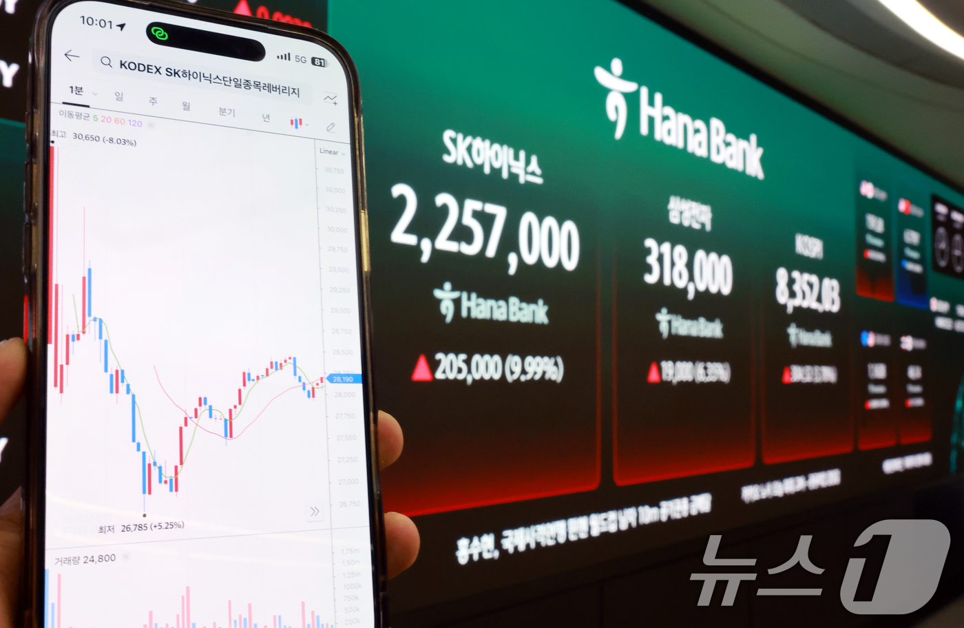 (서울=뉴스1) 이호윤 기자 = 삼성전자와 SK하이닉스가 레버리지 상장지수펀드(ETF)에 출시된 27일 서울 중구 하나은행 딜링룸 현황판에 증시가 표시되고 있다. 2026.5.27 …