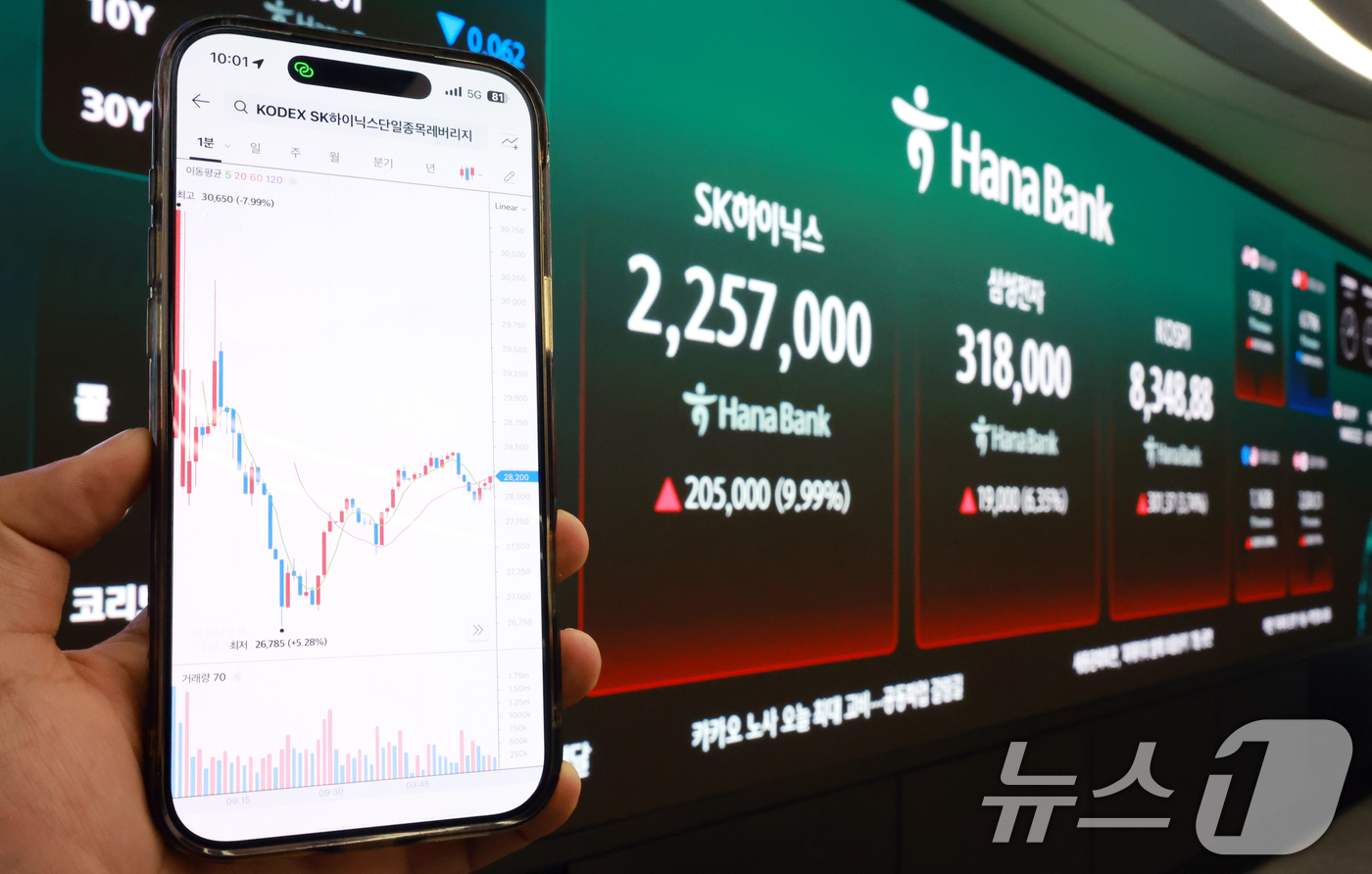 (서울=뉴스1) 이호윤 기자 = 삼성전자와 SK하이닉스가 레버리지 상장지수펀드(ETF)에 출시된 27일 서울 중구 하나은행 딜링룸 현황판에 증시가 표시되고 있다. 2026.5.27 …
