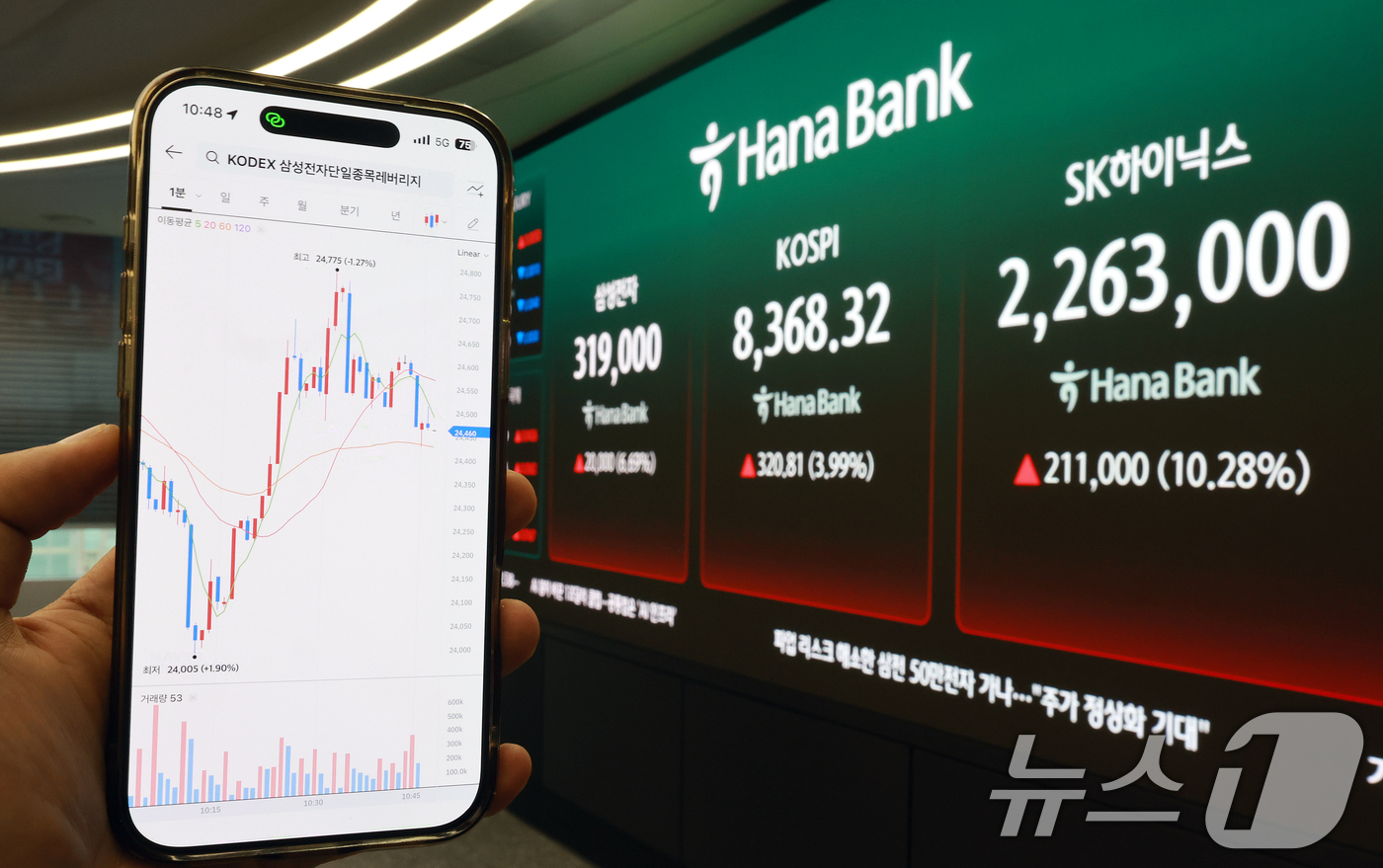 (서울=뉴스1) 이호윤 기자 = 삼성전자와 SK하이닉스가 레버리지 상장지수펀드(ETF)에 출시된 27일 서울 중구 하나은행 딜링룸 현황판에 증시가 표시되고 있다. 2026.5.27 …