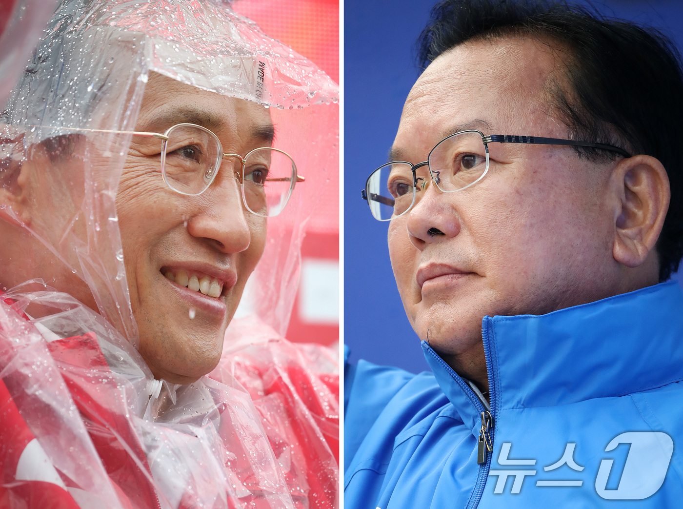 (대구=뉴스1) 공정식 기자 = 추경호 국민의힘 대구시장 후보(왼쪽)가 27일 오전 대구 북구 팔달교 앞에서 출근길 시민들을 향해 인사하고 있다. 같은 날 오전 김부겸 더불어민주당 …