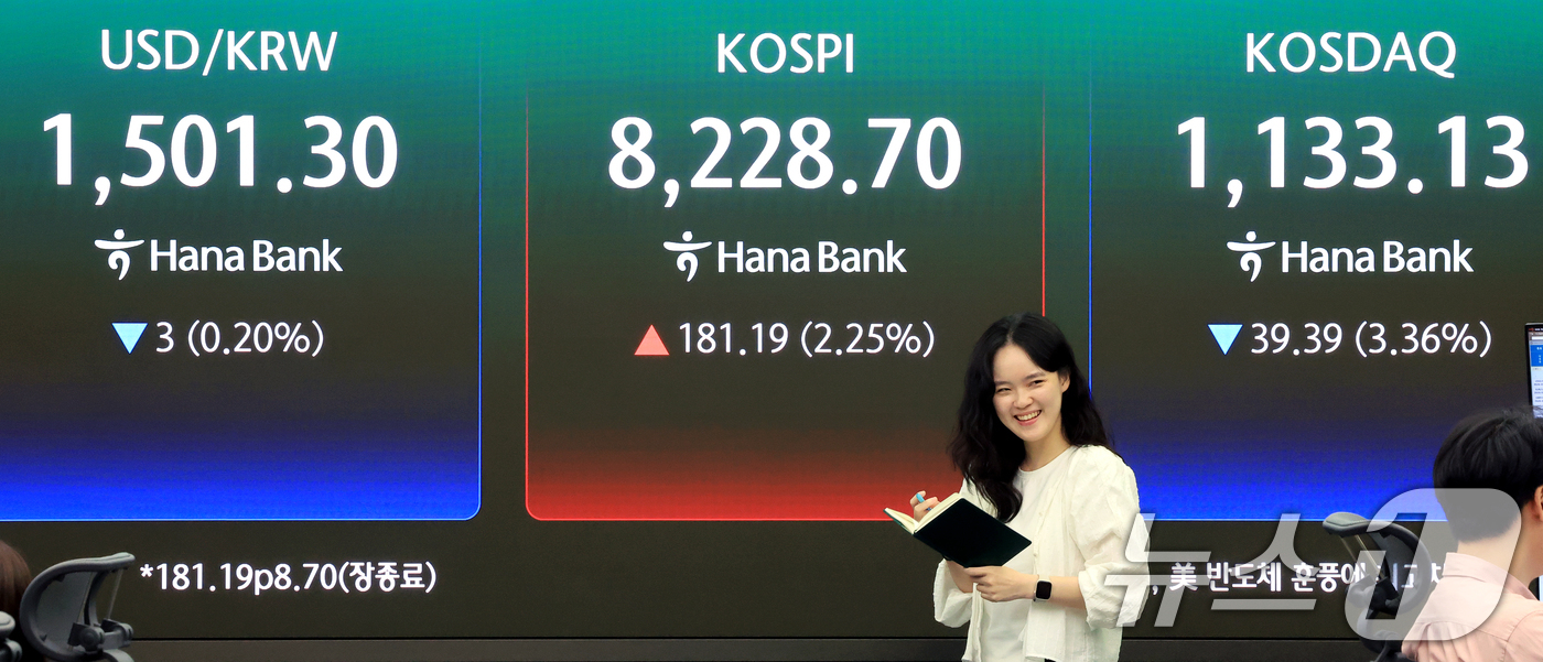 (서울=뉴스1) 이호윤 기자 = 코스피 지수가 연일 종가 기준 역대 최고치를 기록한 27일 서울 중구 하나은행 본점 딜링룸에 종가가 표시되고 있다. 이날 코스피는 전 거래일보다 1 …