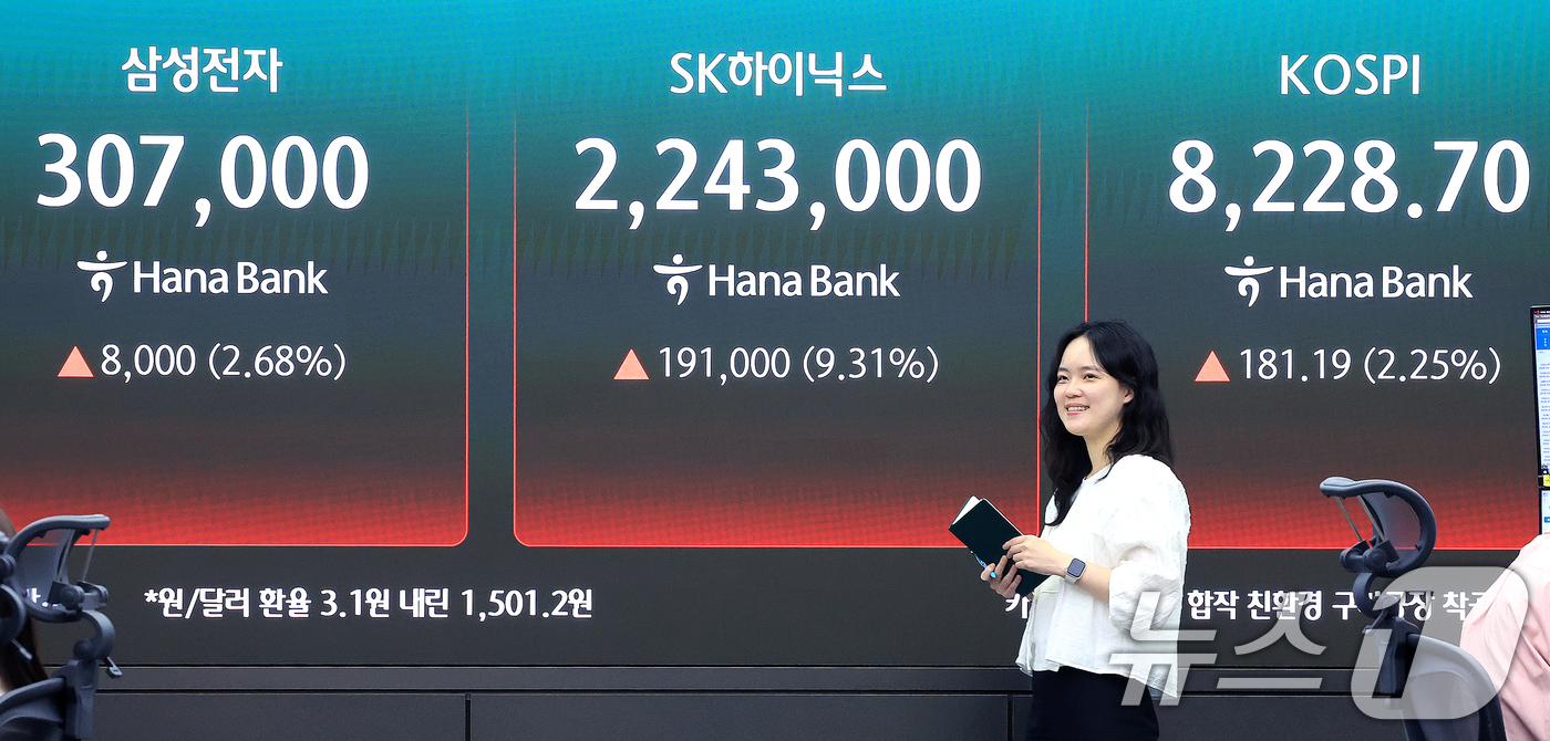 (서울=뉴스1) 이호윤 기자 = 삼성전자와 SK하이닉스가 레버리지 상장지수펀드(ETF)에 출시된 27일 서울 중구 하나은행 딜링룸 현황판에 종가가 표시되고 있다. 이날 삼성전자는 …