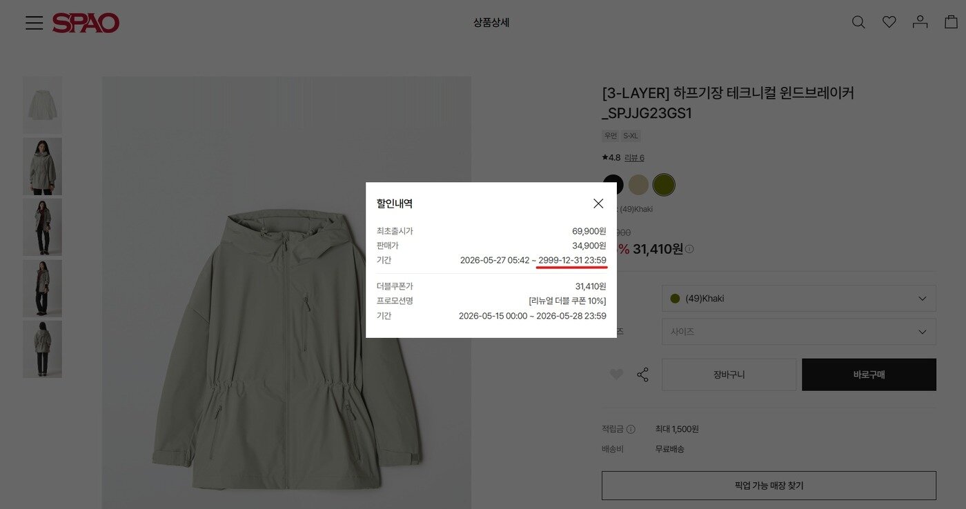본문 이미지 - 스파오닷컴에서 윈드브레이커 제품이 최초출시가 69,900원이지만 판매가가 34,900원이라고 표기돼 있다. 그리고 그 기간은 2999년까지로 명시돼 있다.(스파오 갈무리)